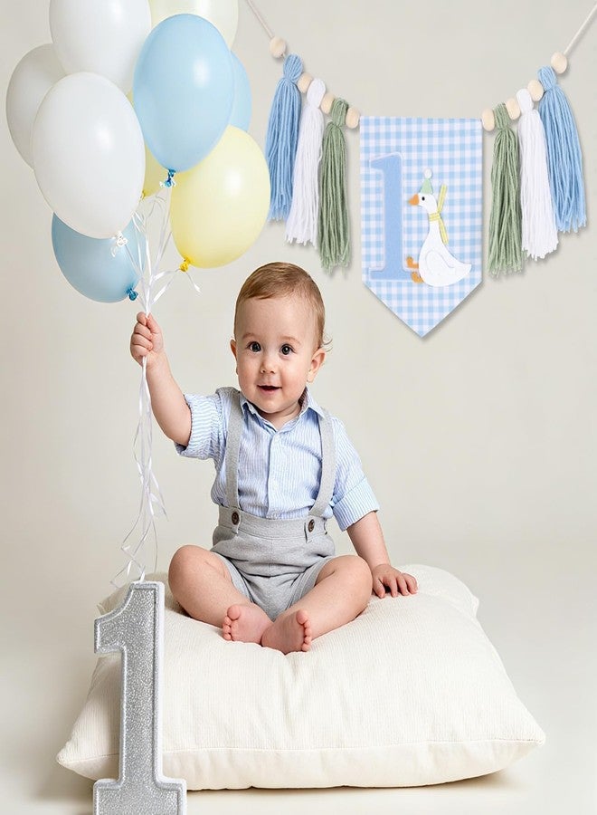Aufee One Funny Goose High Chair Banner for Boys 1st Birthday Decorations, Blue Silly Goose Stripe-Style Garland with Yarn Tassel, Goose Themed Hanging Ornament for Baby Shower, Flower Lawn Party Supply - Image 5